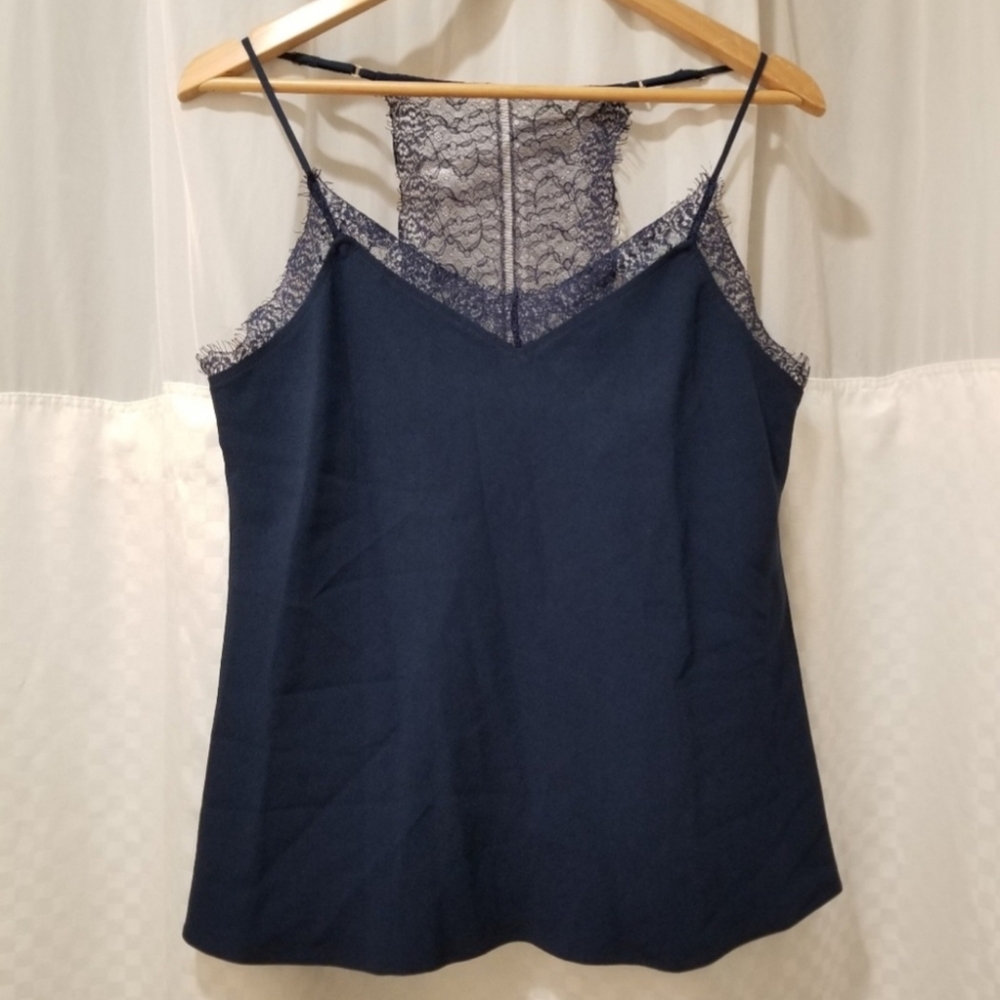 Diane von Furstenberg Lace-Trimmed Tank Top, Navy, Large, NWT